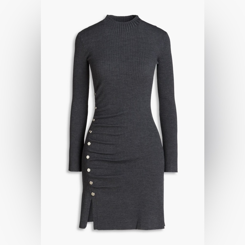 Maje Dark Grey Long Sleeve Ribbed Knit Mini Bodycon Dress Button Detail Size 6